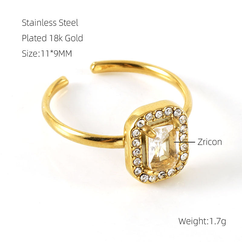 Shiny Square Water Droplets Heart Shape Stainless Steel Plating Inlay Zircon 18k Gold Plated Open Ring