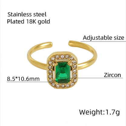 Shiny Square Water Droplets Heart Shape Stainless Steel Plating Inlay Zircon 18k Gold Plated Open Ring