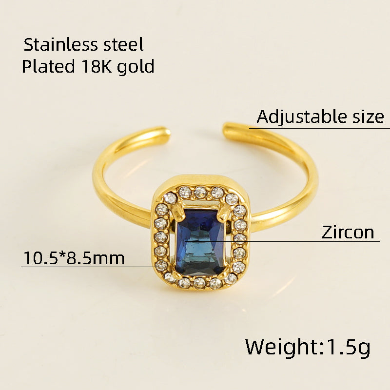 Shiny Square Water Droplets Heart Shape Stainless Steel Plating Inlay Zircon 18k Gold Plated Open Ring