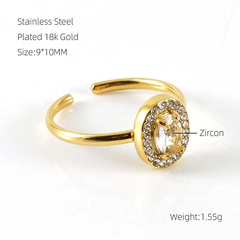 Shiny Square Water Droplets Heart Shape Stainless Steel Plating Inlay Zircon 18k Gold Plated Open Ring