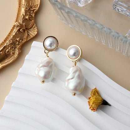 Retro Luxury Vintage Classic Baroque Pearl 925 Silver Stud Earrings Hong Kong Style Mid-ancient Irregular Earrings