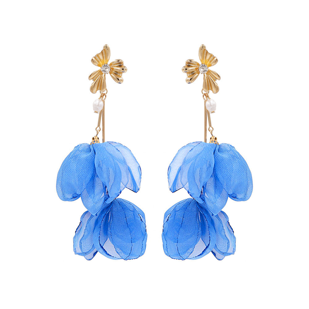 1 Pair Fashion Flower Cloth Pearl Inlay Rhinestones Women's Drop Earrings