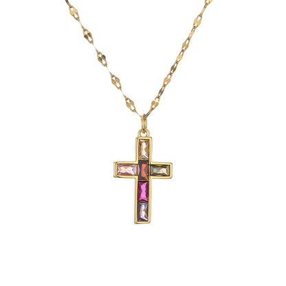 1 Piece Artistic Cross Copper Plating Inlay Zircon Pendant Necklace