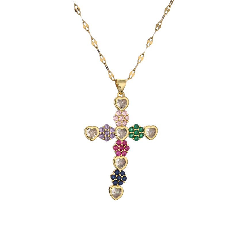 1 Piece Artistic Cross Copper Plating Inlay Zircon Pendant Necklace