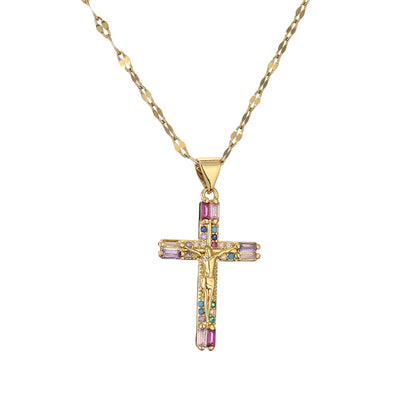 1 Piece Artistic Cross Copper Plating Inlay Zircon Pendant Necklace