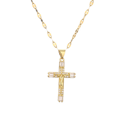 Fashion Cross Copper Plating Inlay Zircon Gold Plated Pendant Necklace