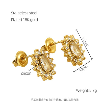 1 Pair Glam Sun Water Droplets Heart Shape Inlay Stainless Steel Rhinestones Zircon 18k Gold Plated Ear Studs