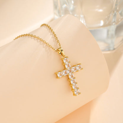 Korean Style Cross Square Flower Stainless Steel Titanium Steel Plating Inlay Zircon 18k Gold Plated Gold Plated Pendant Necklace