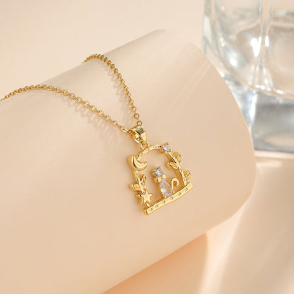 Korean Style Cross Square Flower Stainless Steel Titanium Steel Plating Inlay Zircon 18k Gold Plated Gold Plated Pendant Necklace