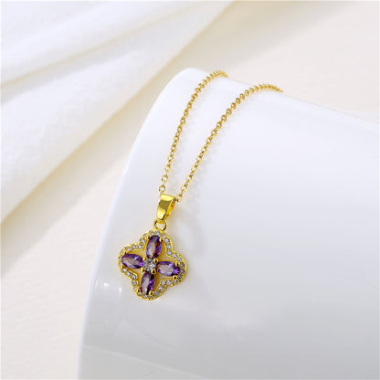 Wholesale Vintage Style Four Leaf Clover Butterfly Key Stainless Steel Titanium Steel Plating Inlay 18k Gold Plated Gold Plated Zircon Pendant Necklace