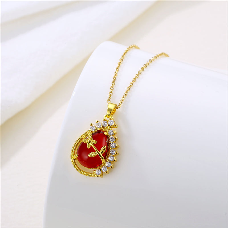 Wholesale Vintage Style Four Leaf Clover Butterfly Key Stainless Steel Titanium Steel Plating Inlay 18k Gold Plated Gold Plated Zircon Pendant Necklace