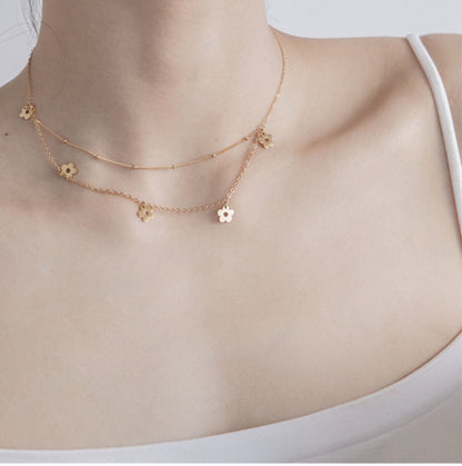 Elegant Simple Style Flower Titanium Steel Plating 18k Gold Plated Double Layer Necklaces