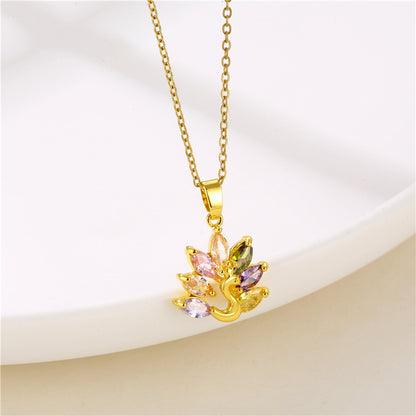 Wholesale Vintage Style Four Leaf Clover Butterfly Key Stainless Steel Titanium Steel Plating Inlay 18k Gold Plated Gold Plated Zircon Pendant Necklace