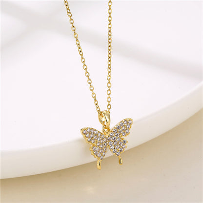 Wholesale Vintage Style Four Leaf Clover Butterfly Key Stainless Steel Titanium Steel Plating Inlay 18k Gold Plated Gold Plated Zircon Pendant Necklace