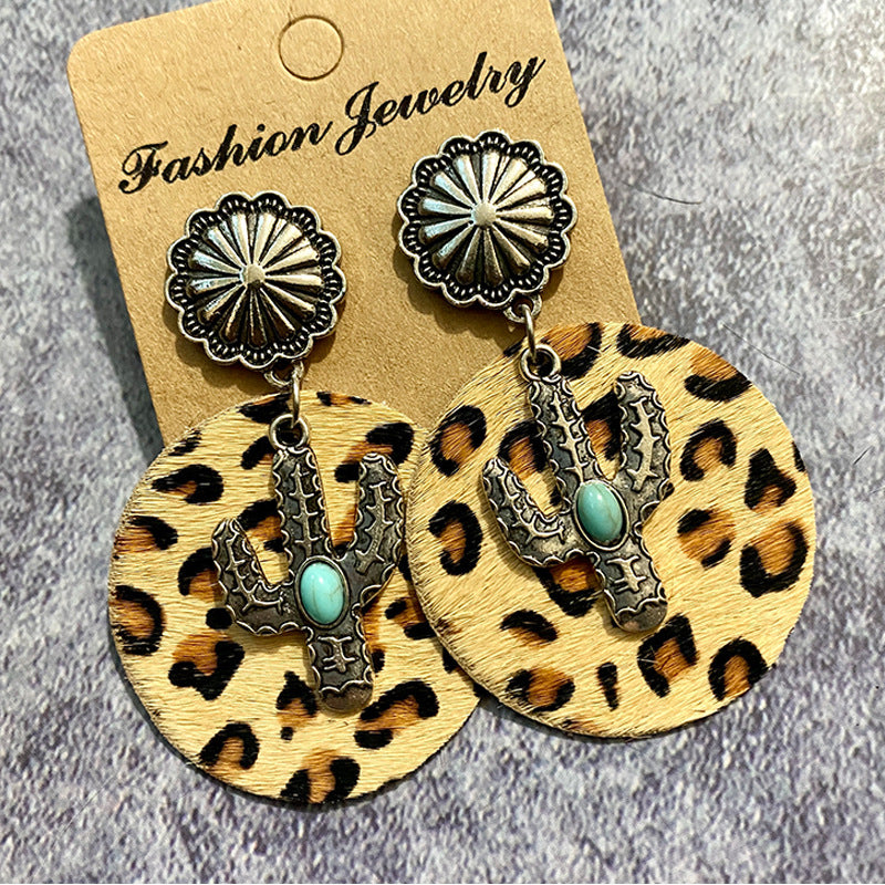 1 Pair Bohemian Cactus Alloy Leather Inlay Turquoise Women's Drop Earrings