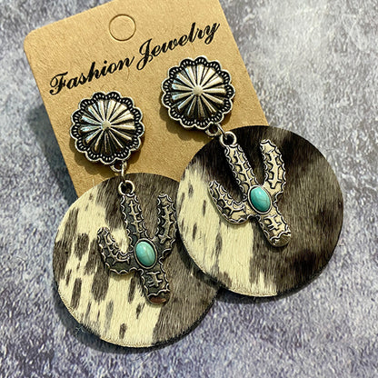 1 Pair Bohemian Cactus Alloy Leather Inlay Turquoise Women's Drop Earrings