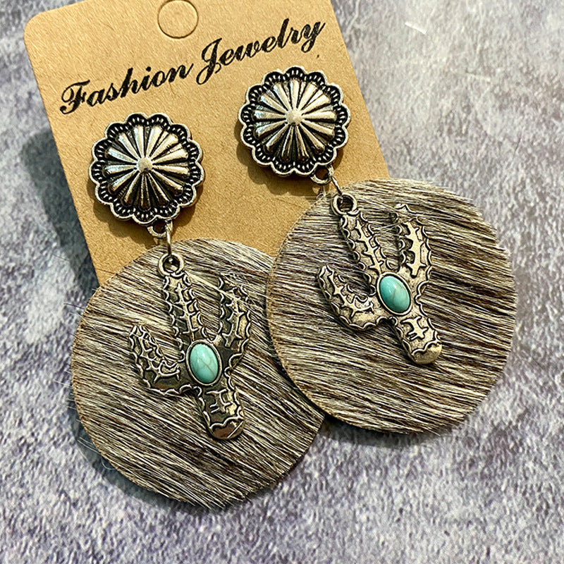 1 Pair Bohemian Cactus Alloy Leather Inlay Turquoise Women's Drop Earrings