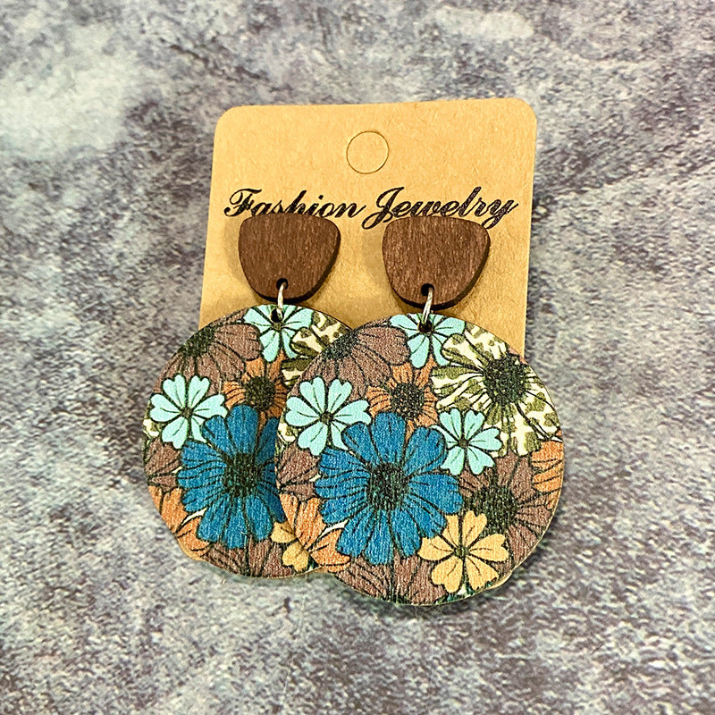 1 Pair Retro Flower Wood Copper Printing Patchwork Women's Drop Earrings