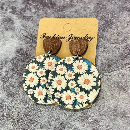 1 Pair Retro Flower Wood Copper Printing Patchwork Women's Drop Earrings