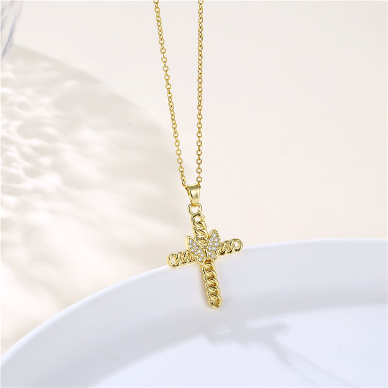 Korean Style Cross Swan Eye Stainless Steel Titanium Steel Plating Inlay Zircon 18k Gold Plated Gold Plated Pendant Necklace