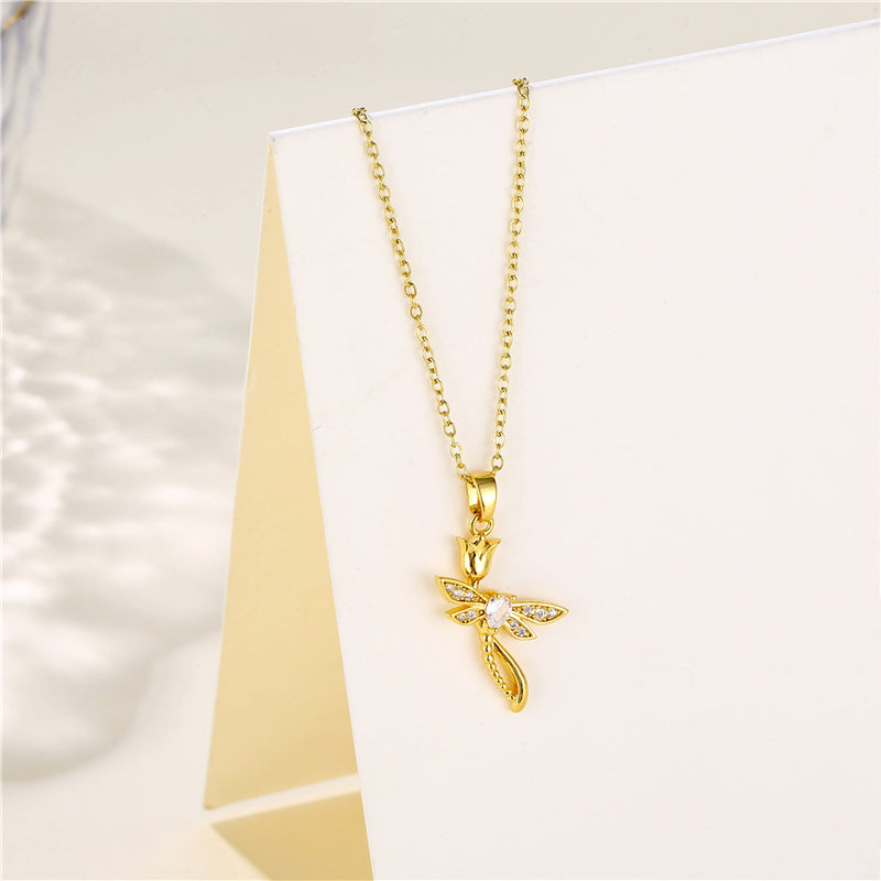 Korean Style Cross Swan Eye Stainless Steel Titanium Steel Plating Inlay Zircon 18k Gold Plated Gold Plated Pendant Necklace