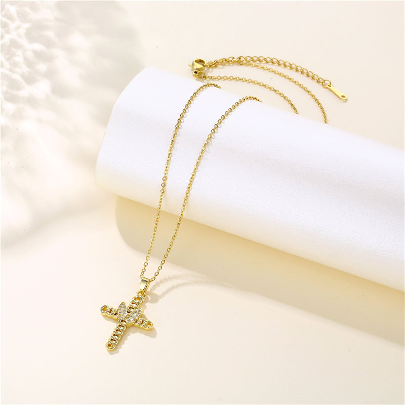 Korean Style Cross Swan Eye Stainless Steel Titanium Steel Plating Inlay Zircon 18k Gold Plated Gold Plated Pendant Necklace