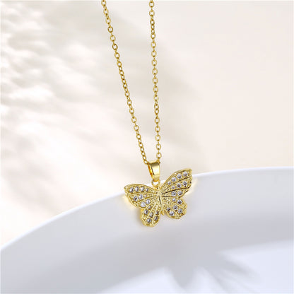 Copper 18K Gold Plated Artistic Plating Inlay House Teapot Butterfly Zircon Pendant Necklace