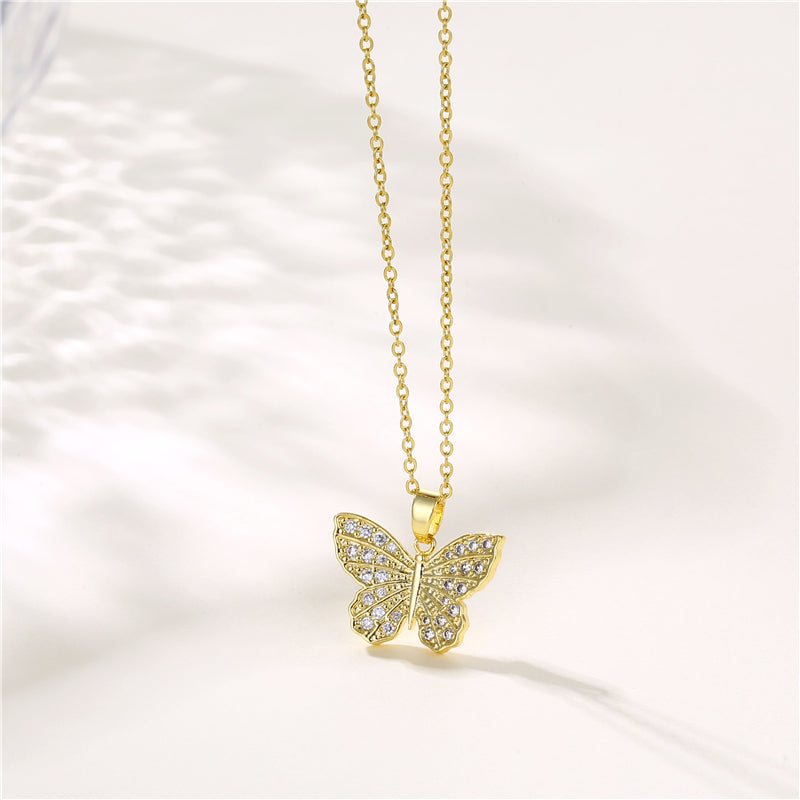 Copper 18K Gold Plated Artistic Plating Inlay House Teapot Butterfly Zircon Pendant Necklace