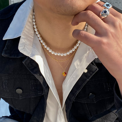 Casual Round Dice Imitation Pearl Alloy Iron Beaded Chain Men's Layered Necklaces