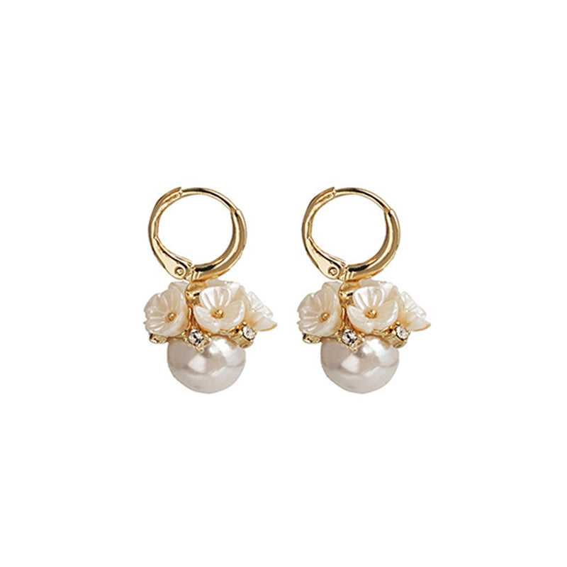 Wholesale Jewelry 1 Pair Fairy Style Korean Style Flower Alloy Shell Artificial Pearls Artificial Diamond Drop Earrings