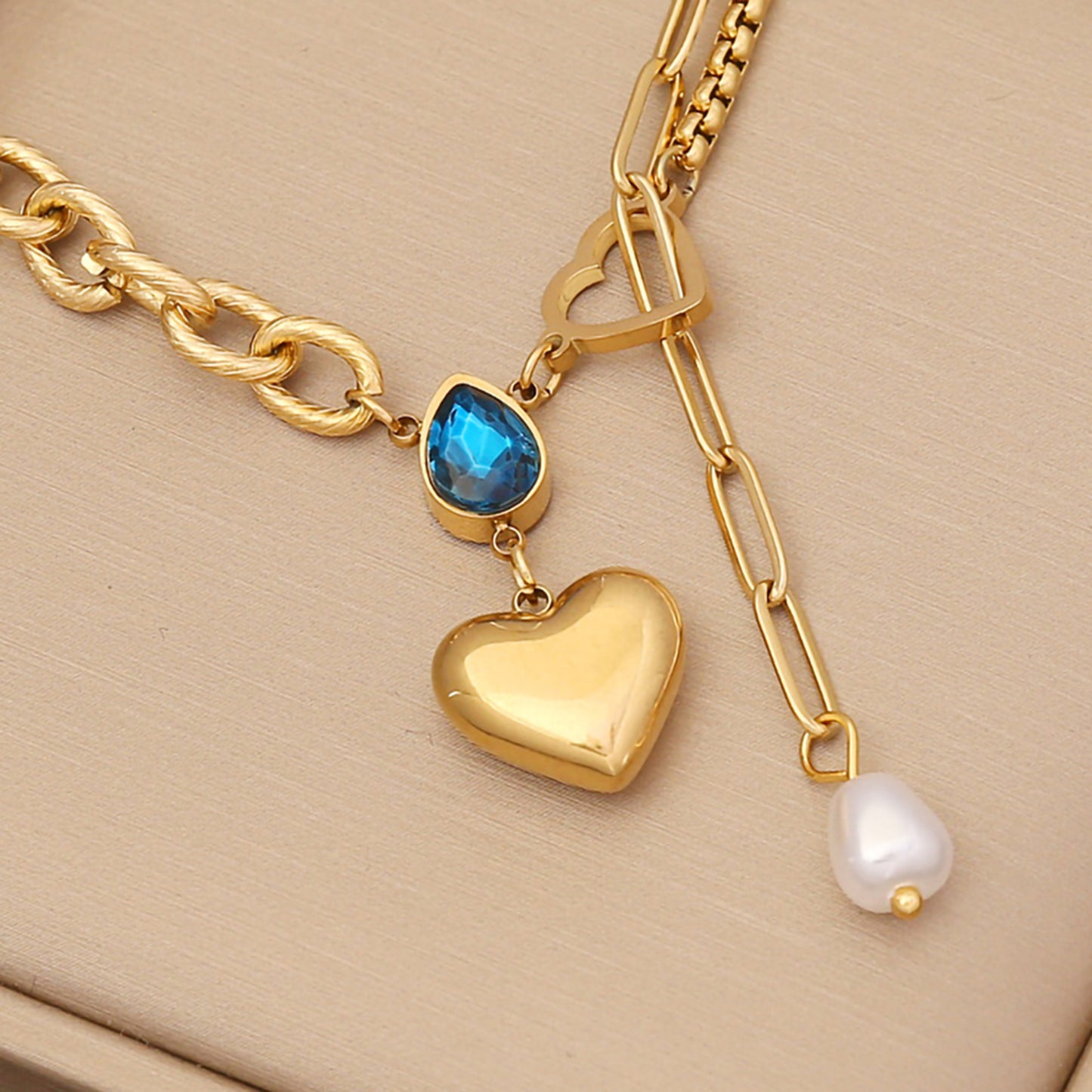 Wholesale 1 Piece Vintage Style Water Droplets Heart Shape Stainless Steel 18k Gold Plated Gem Pendant Necklace