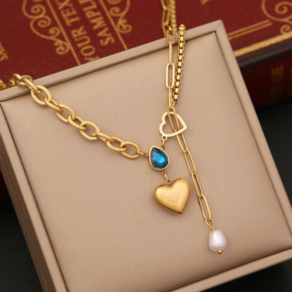 Wholesale 1 Piece Vintage Style Water Droplets Heart Shape Stainless Steel 18k Gold Plated Gem Pendant Necklace