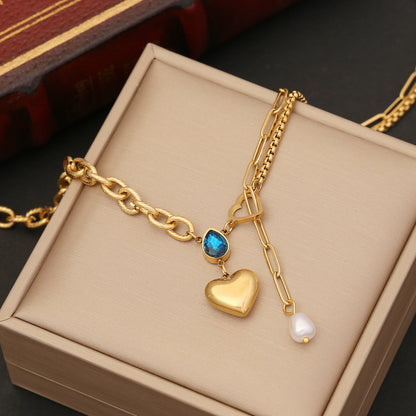 Wholesale 1 Piece Vintage Style Water Droplets Heart Shape Stainless Steel 18k Gold Plated Gem Pendant Necklace