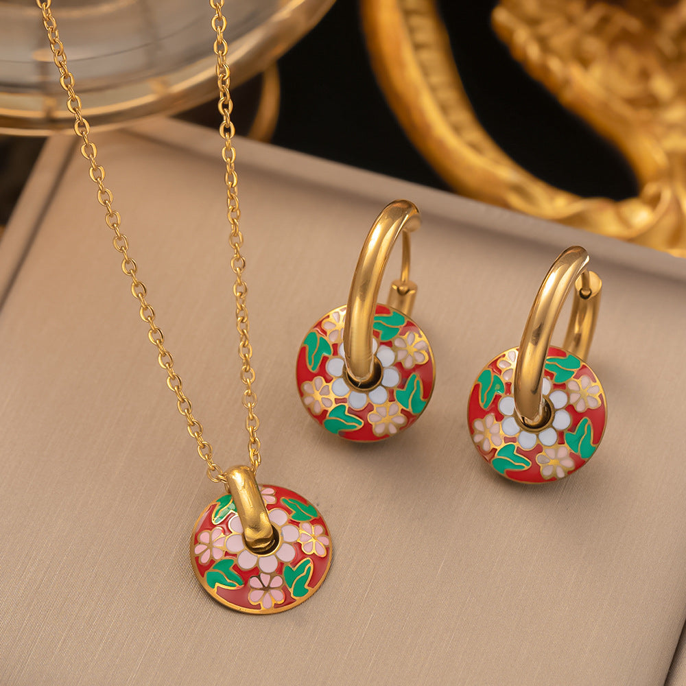 Retro Round Flower Titanium Steel Enamel Plating Earrings Necklace