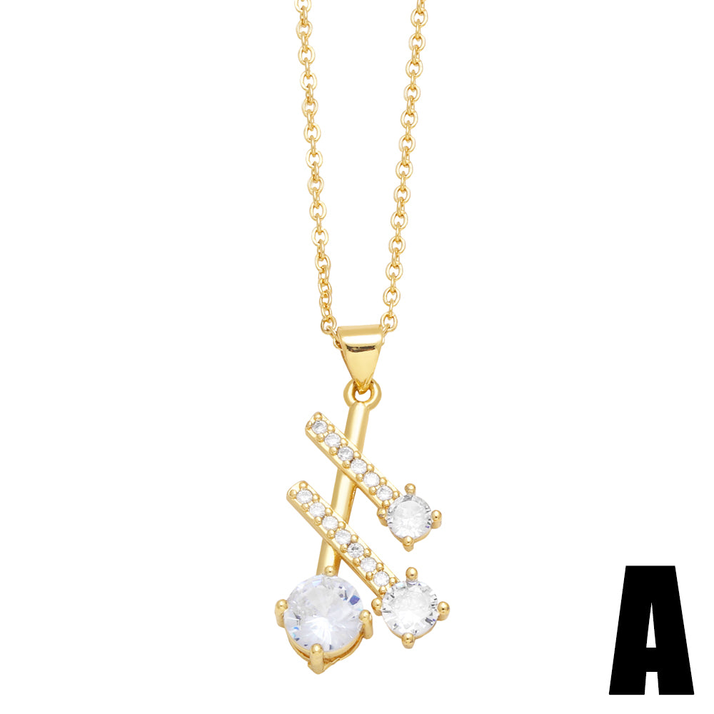 Korean Style Letter Tennis Racket Copper 18k Gold Plated Zircon Pendant Necklace In Bulk