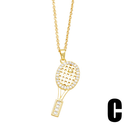 Korean Style Letter Tennis Racket Copper 18k Gold Plated Zircon Pendant Necklace In Bulk