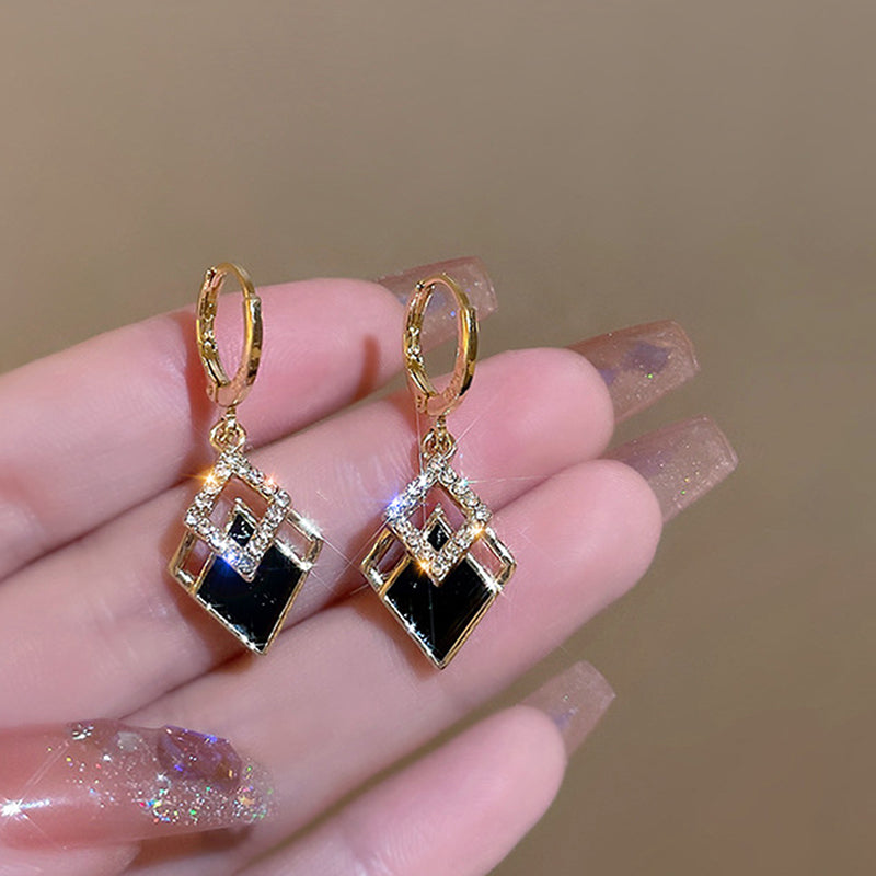 1 Pair Shiny Rhombus Stainless Steel Inlay Zircon Drop Earrings