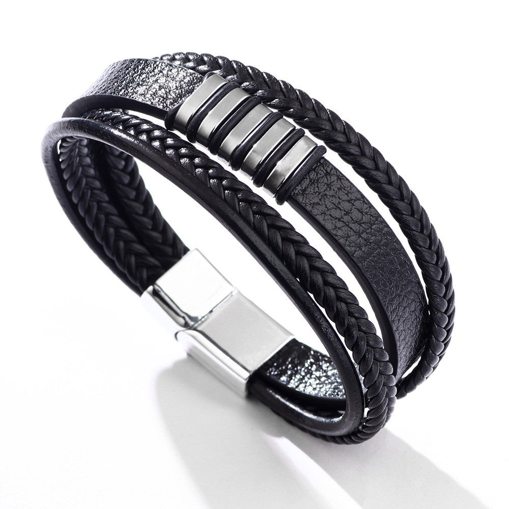 Hip-Hop Oval Stainless Steel Alloy Pu Leather Knitting Men'S Bangle