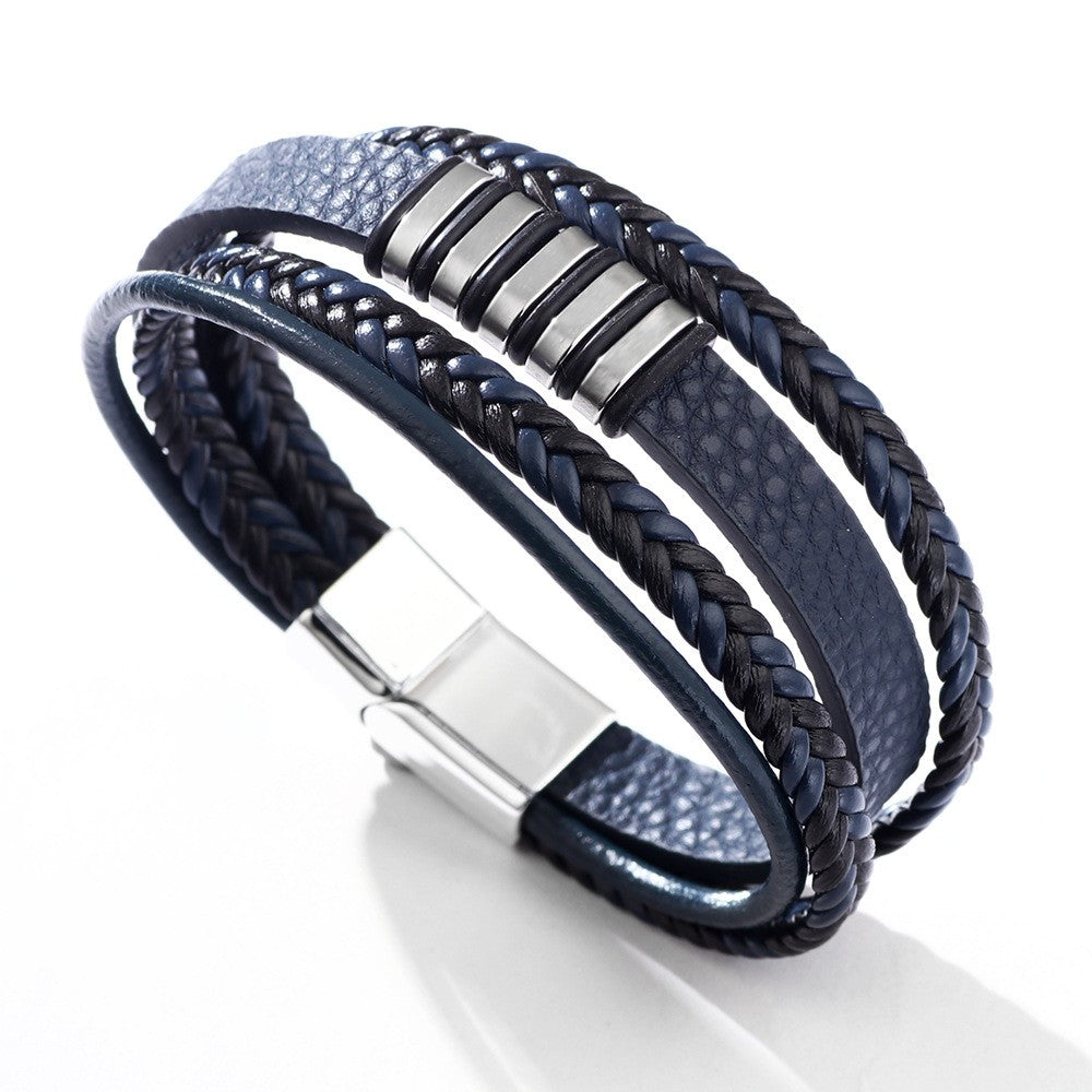 Hip-Hop Oval Stainless Steel Alloy Pu Leather Knitting Men'S Bangle