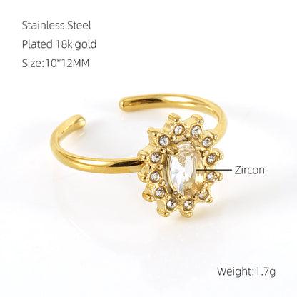 Shiny Square Water Droplets Heart Shape Stainless Steel Plating Inlay Zircon 18k Gold Plated Open Ring