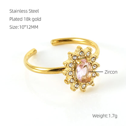 Shiny Square Water Droplets Heart Shape Stainless Steel Plating Inlay Zircon 18k Gold Plated Open Ring