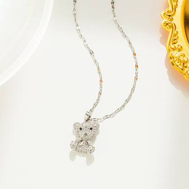 Cute Simple Style Bear Titanium Steel Inlay Zircon Pendant Necklace