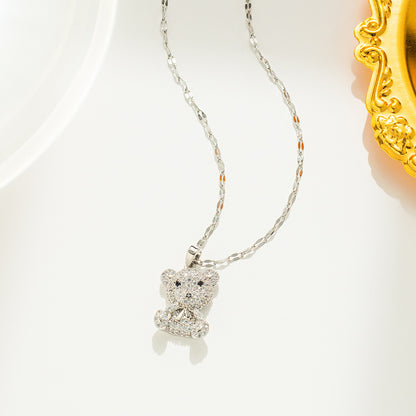 Cute Simple Style Bear Titanium Steel Inlay Zircon Pendant Necklace