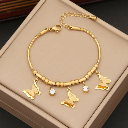 Wholesale Elegant Butterfly Stainless Steel Plating Inlay Artificial Diamond Bracelets Earrings Necklace