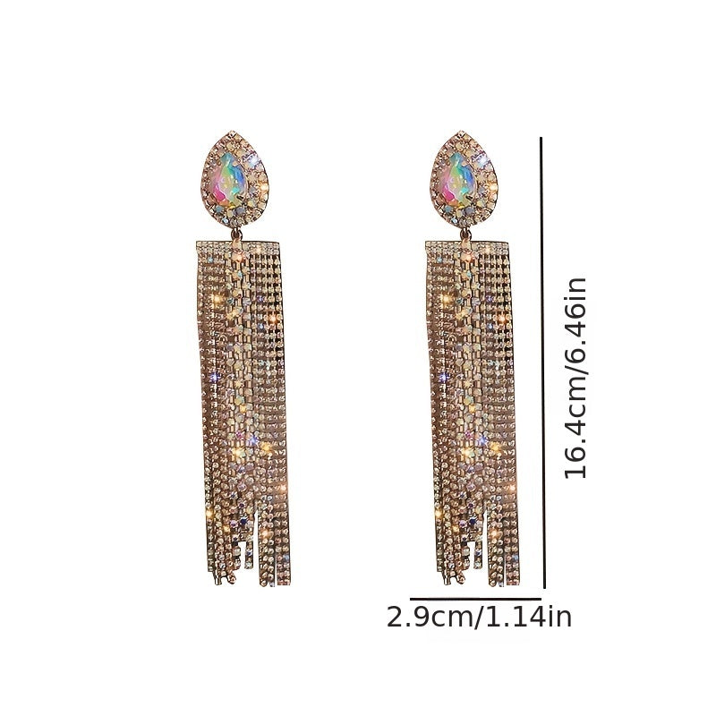 1 Pair Shiny Water Droplets Tassel Plating Inlay Alloy Crystal Silver Plated Drop Earrings