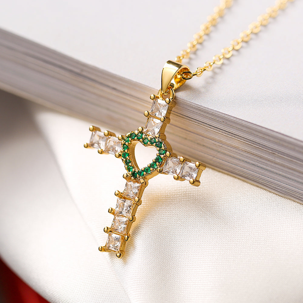 Ins Style Cross Heart Shape Copper 18k Gold Plated Zircon Pendant Necklace In Bulk