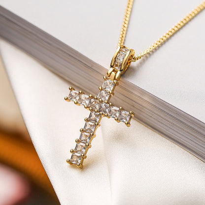 Ins Style Cross Copper Plating Inlay Zircon 18k Gold Plated Pendant Necklace