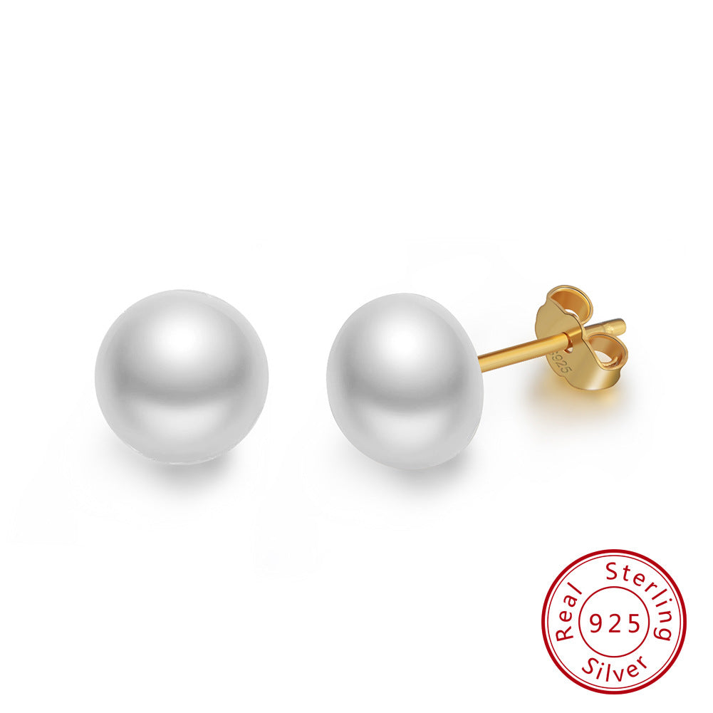 1 Pair Simple Style Round Sterling Silver Inlay Pearl 18k Gold Plated Ear Studs