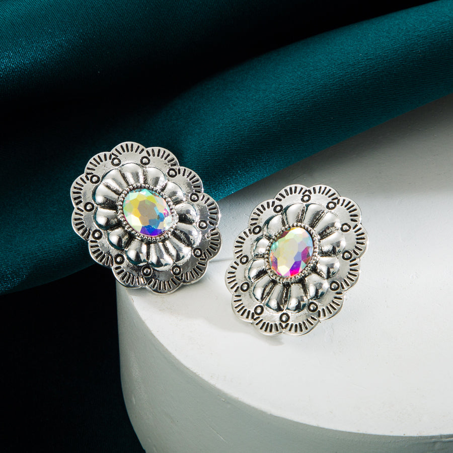 Glam Baroque Style Flower Alloy Plating Inlay Glass Silver Plated Women's Ear Studs