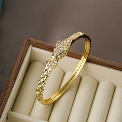 Hip-hop Leopard Copper 18k Gold Plated Pearl Zircon Bangle In Bulk